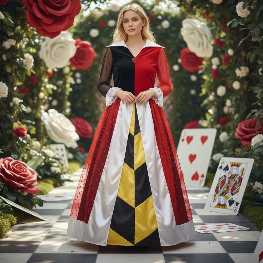 Disney Queen of Hearts Costume Women Medium Red Black Excellent Alice Wonderland